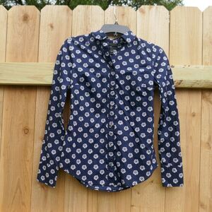J. Crew Blouse Long Sleeve Navy Blue Daisy Button Up Cotton 00 #E8475